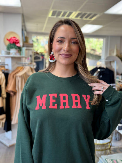 MERRY Puff Letter Sweatshirt - Green