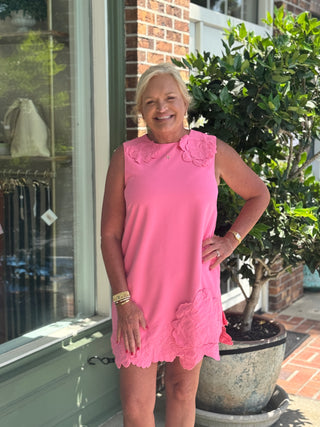 3D Floral Appliqué Sleeveless Shift Mini Dress - Bubblegum Pink