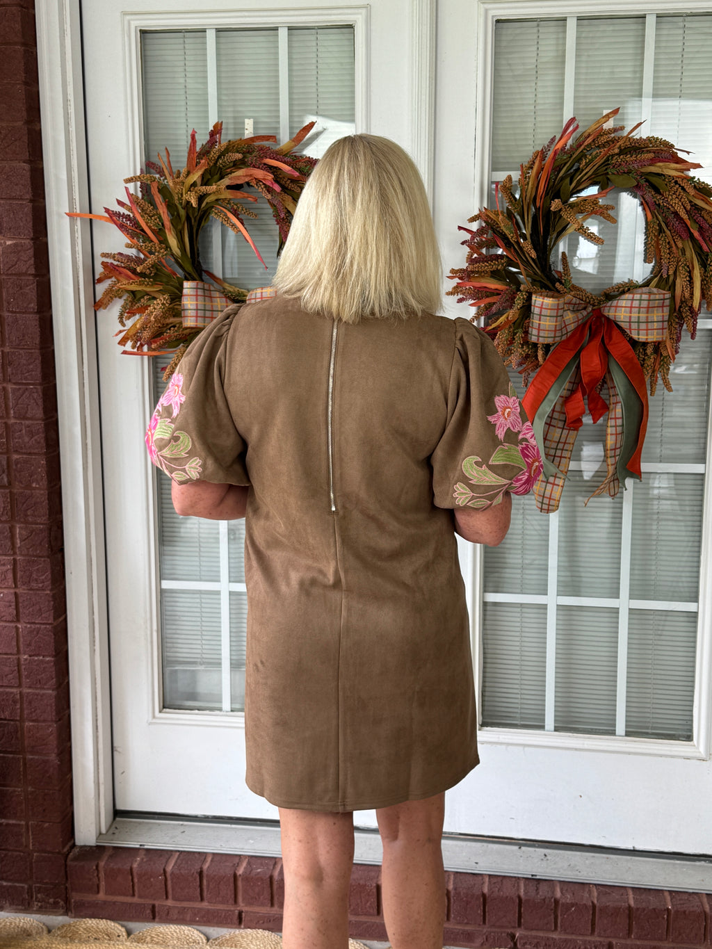 Suede Floral Embroidered Dress - Brown