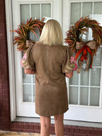 Suede Floral Embroidered Dress - Brown