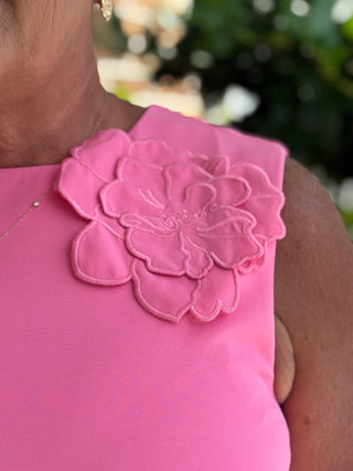 3D Floral Appliqué Sleeveless Shift Mini Dress - Bubblegum Pink