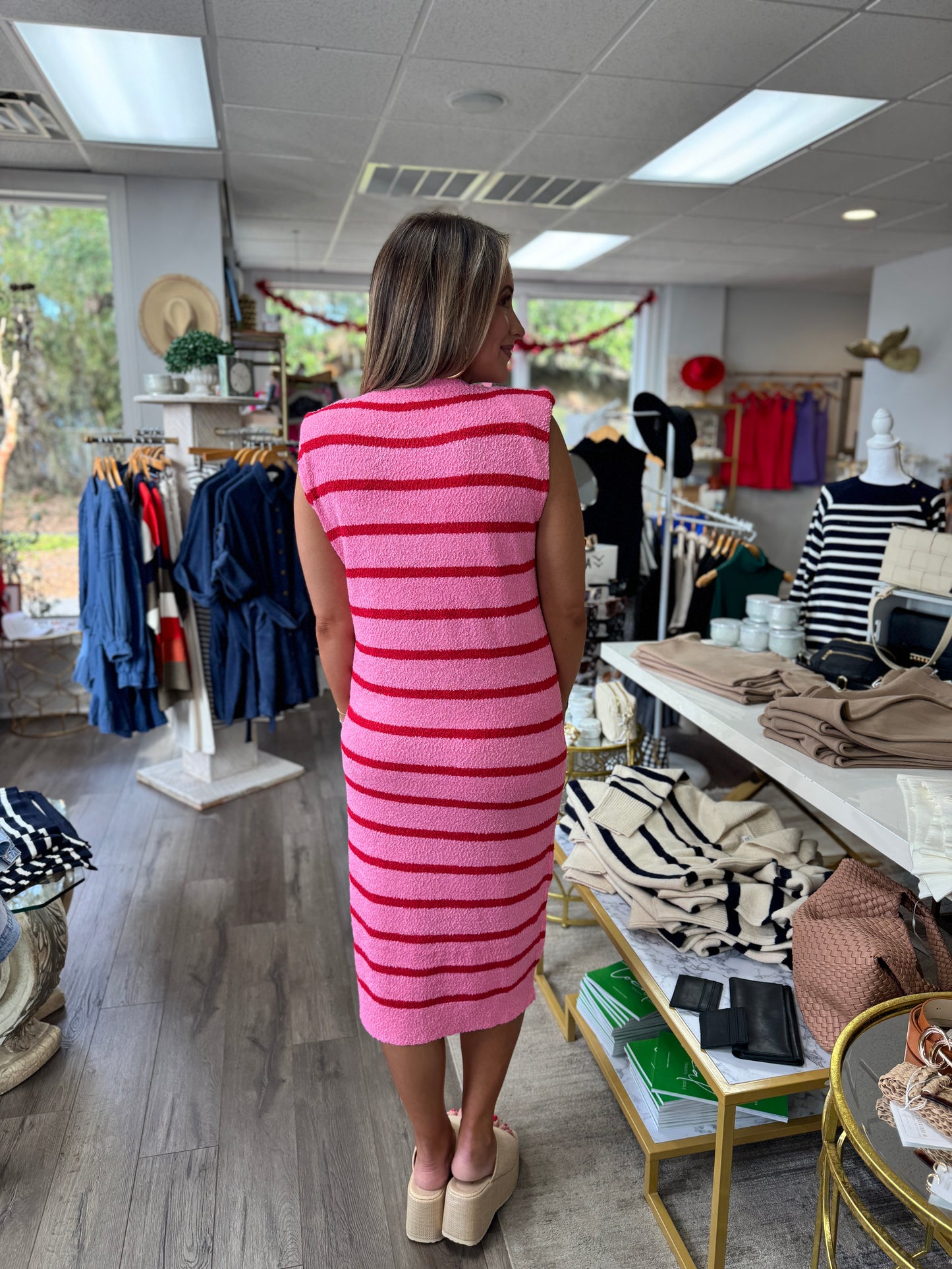 Sleeveless Textured Stripe Dress - Pink & Red