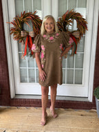 Suede Floral Embroidered Dress - Brown