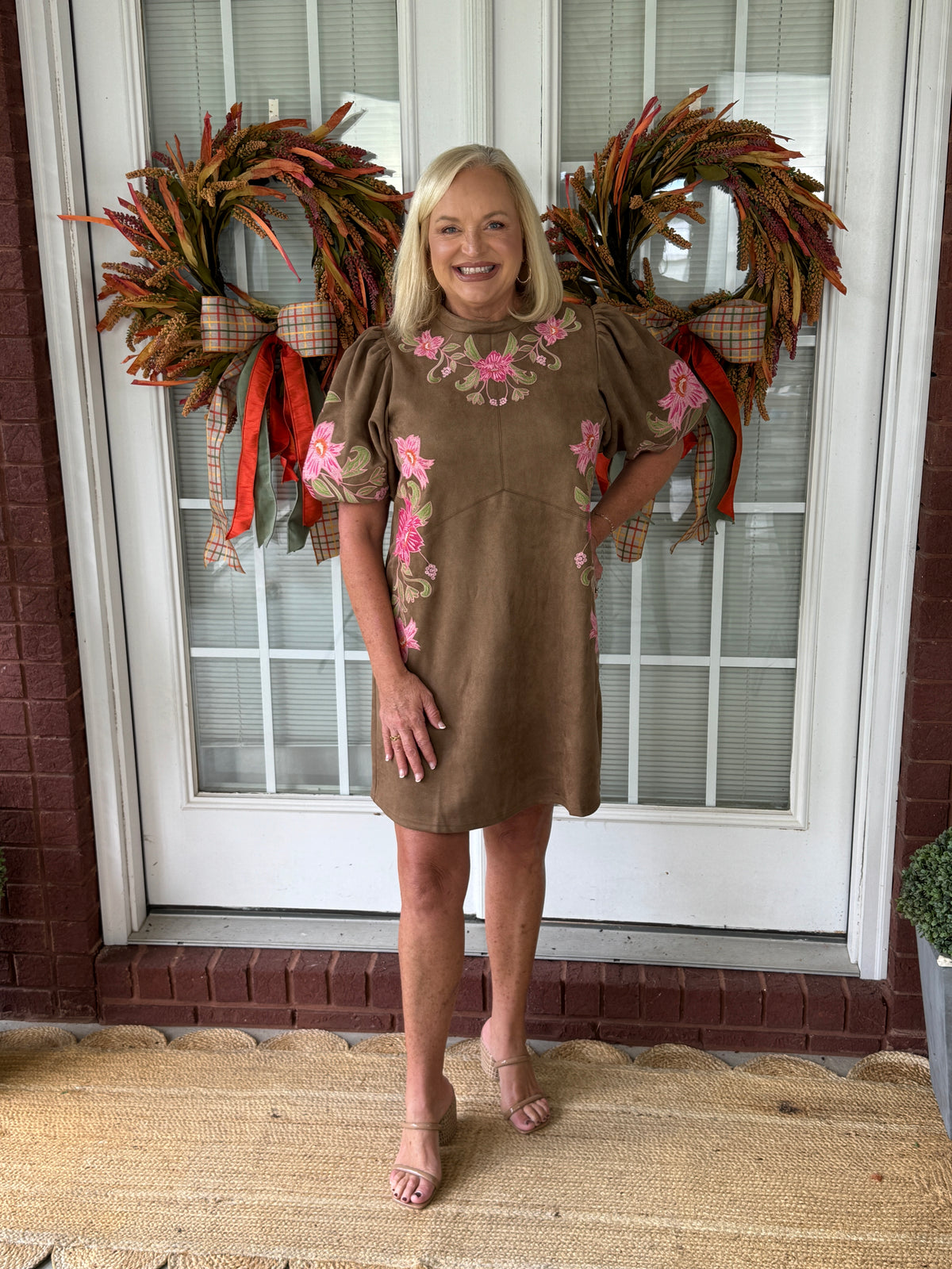 Suede Floral Embroidered Dress - Brown