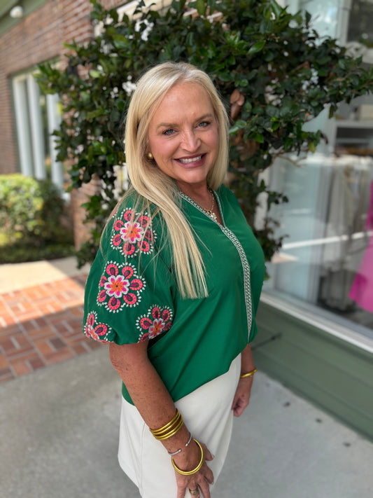Sassy Sweet Embroidered Sleeve Top - Green