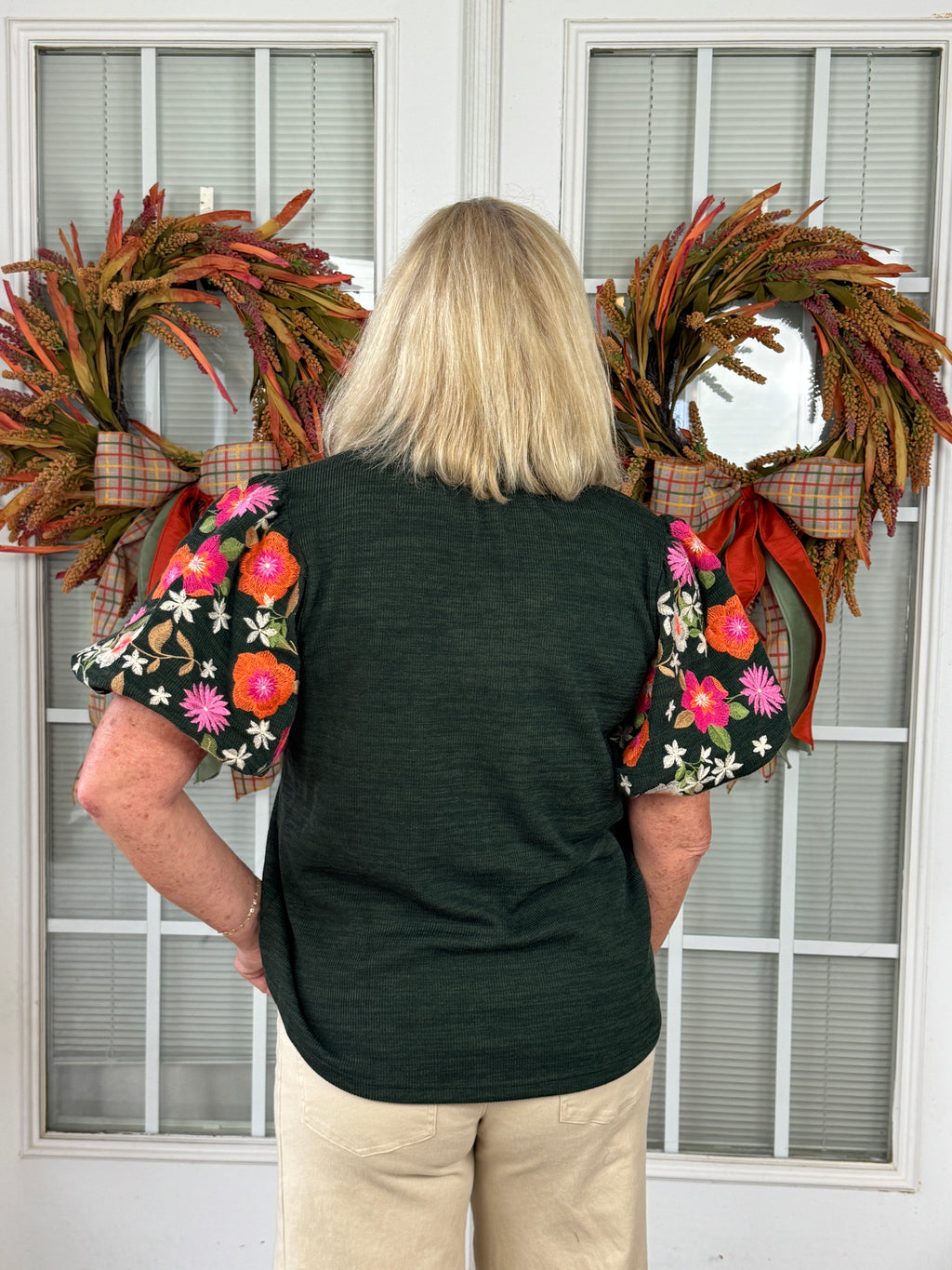 Floral Embroidered Puff Sleeve V-Neck Top - Green