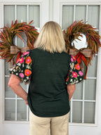 Floral Embroidered Puff Sleeve V-Neck Top - Green