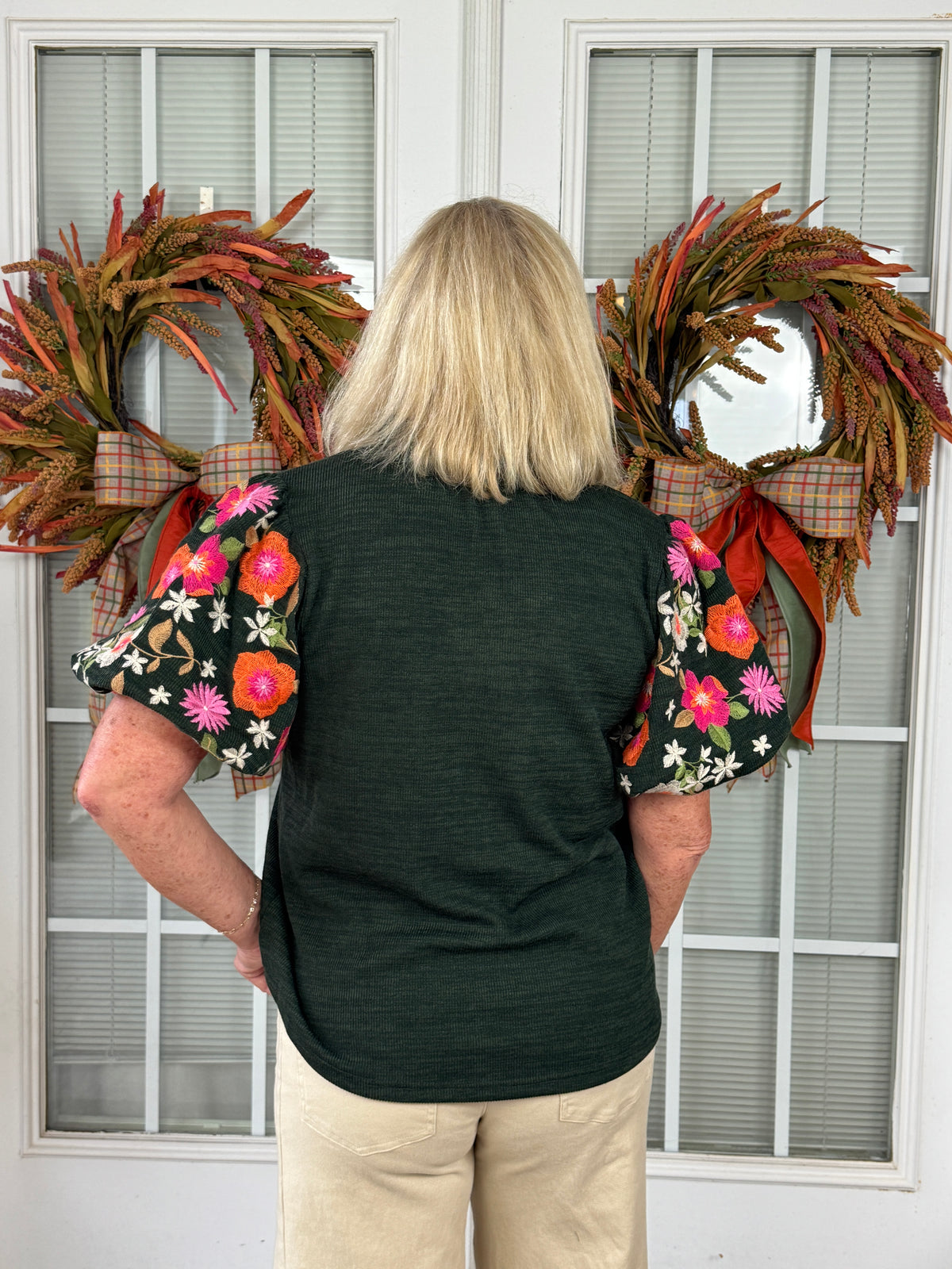Floral Embroidered Puff Sleeve V-Neck Top - Green