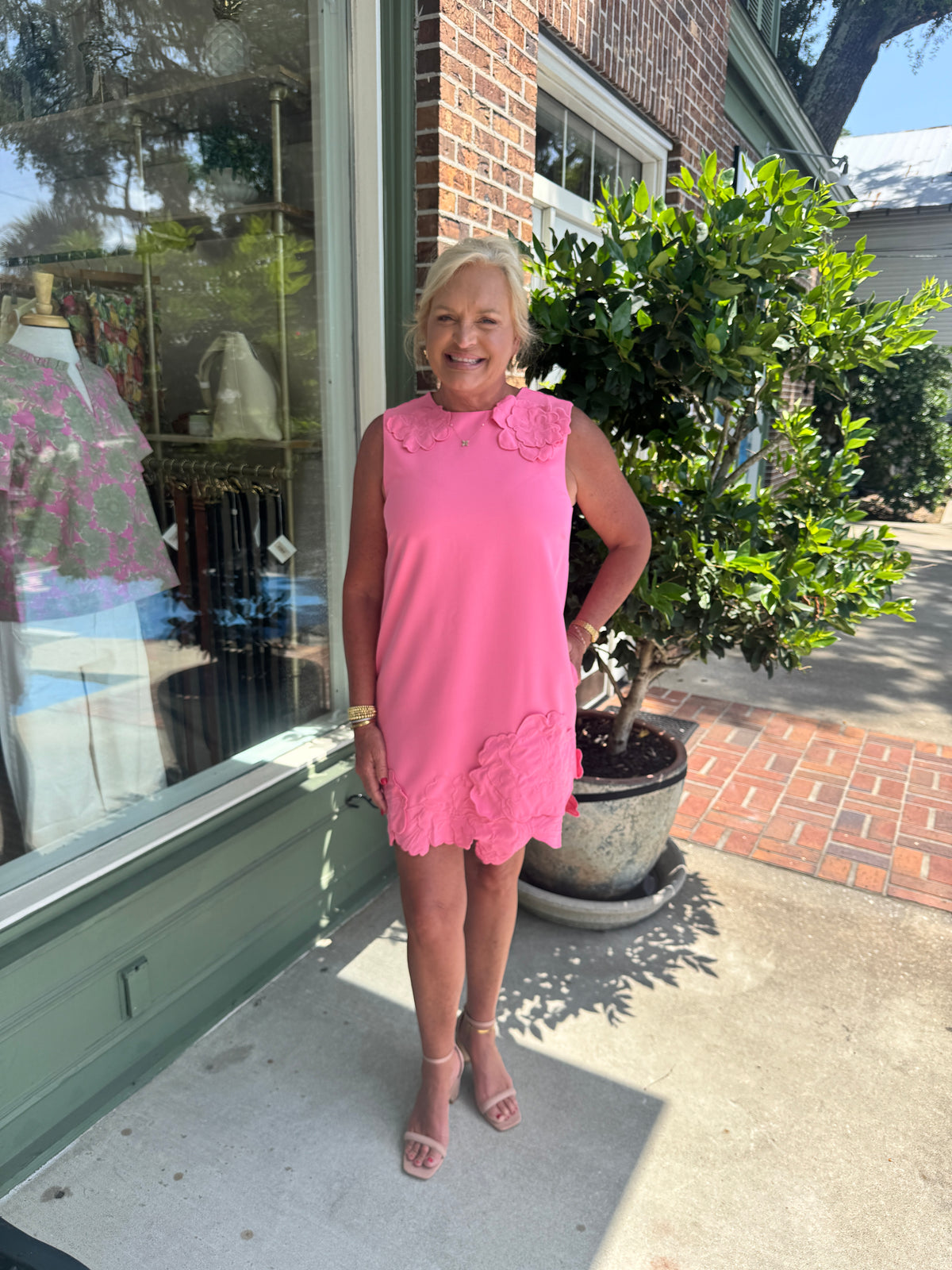 3D Floral Appliqué Sleeveless Shift Mini Dress - Bubblegum Pink