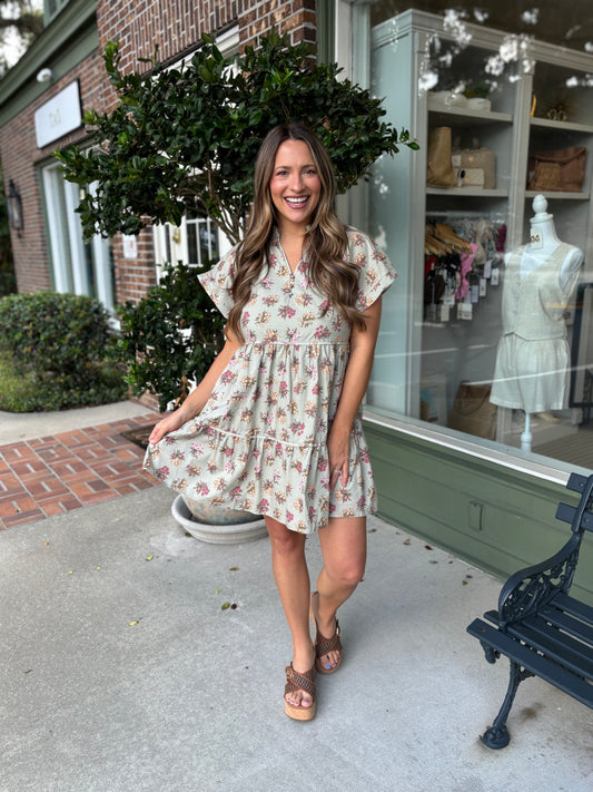Tiered Floral Dress - Sage
