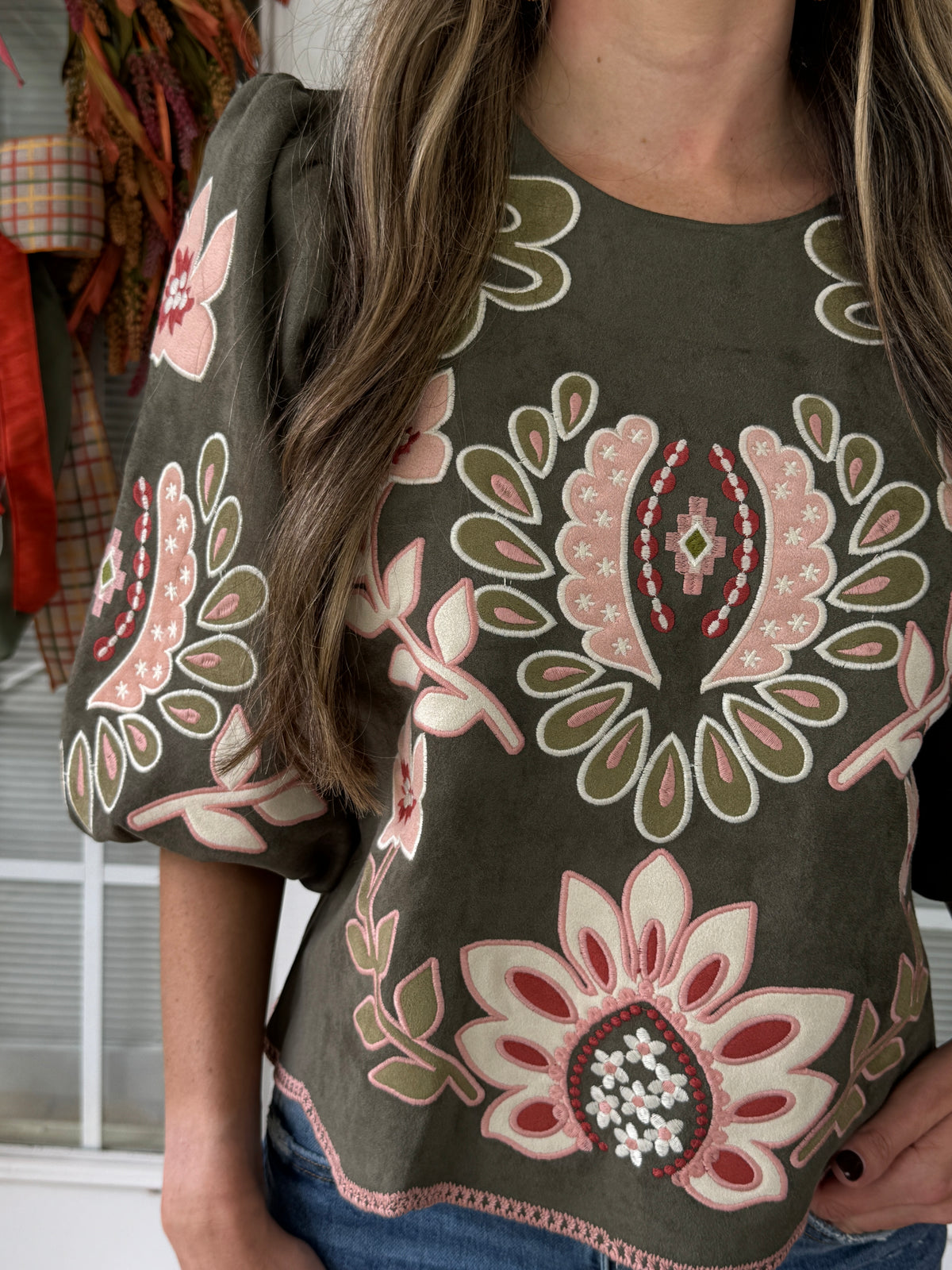 Suede Puff Sleeve Embroidered Flower Top - Olive