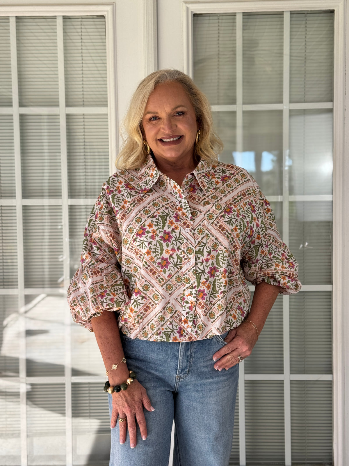 Fall Floral Print Bubble Sleeve & Hem Top
