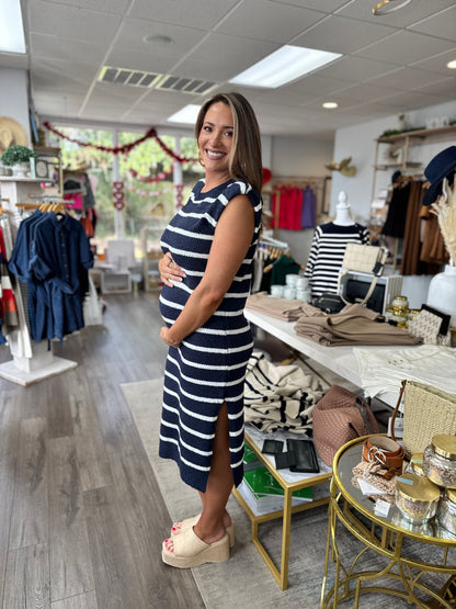 Sleeveless Textured Stripe Dress - Navy & White