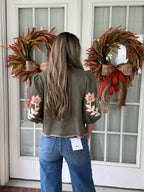 Suede Puff Sleeve Embroidered Flower Top - Olive