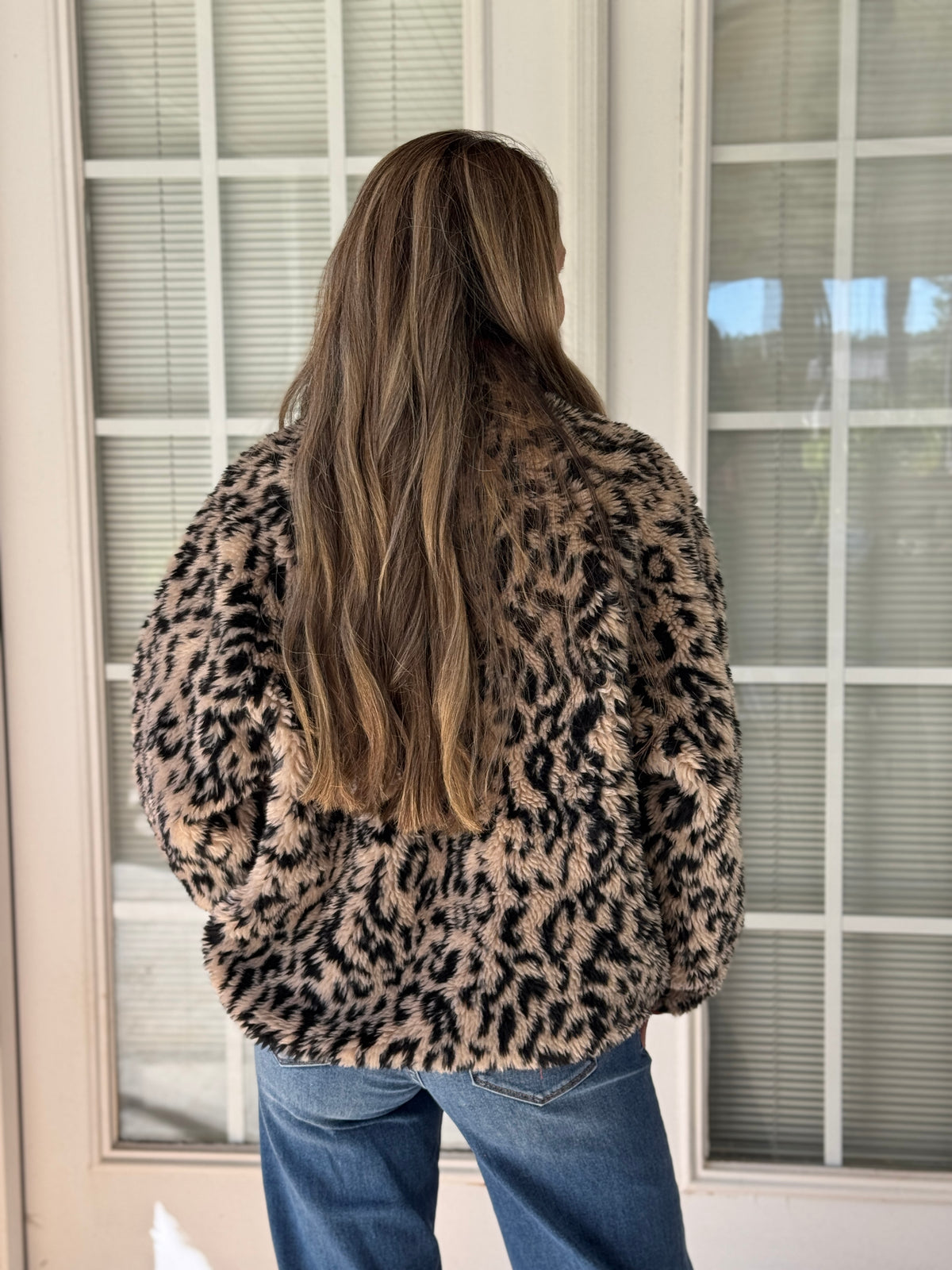 Faux Fur Leopard Half Zip Pullover Jacket