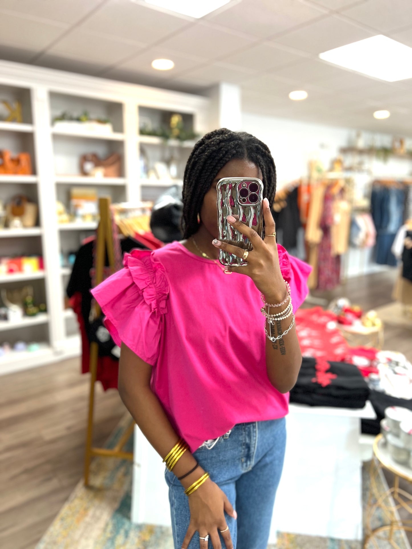 Sadie Ruffle Sleeve Tee - Hot Pink