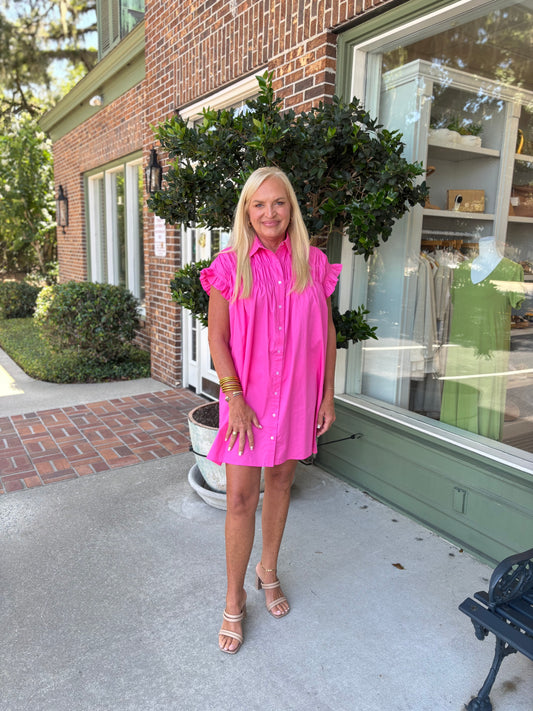 Gathered Shirt Dress - Pink
