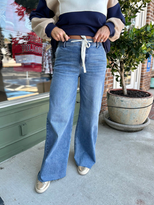 Jenny Relaxed Wide Drawstring Jeans - Medium Wash