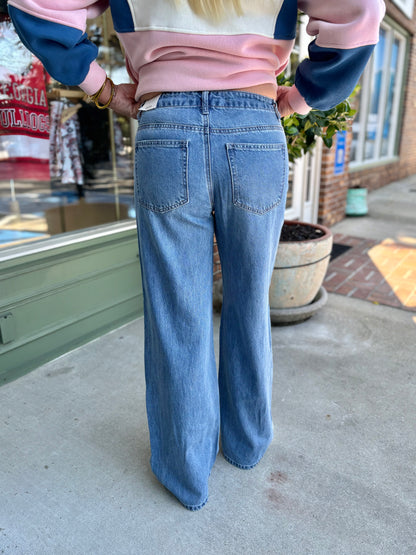 Tia Baggy Wide Leg Drawstring Jeans - Medium Wash