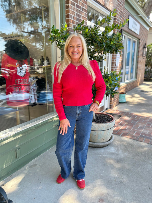 Presley Puff Sleeve Sweater - Red