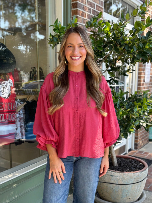 Balloon Sleeve Button Down - Berry