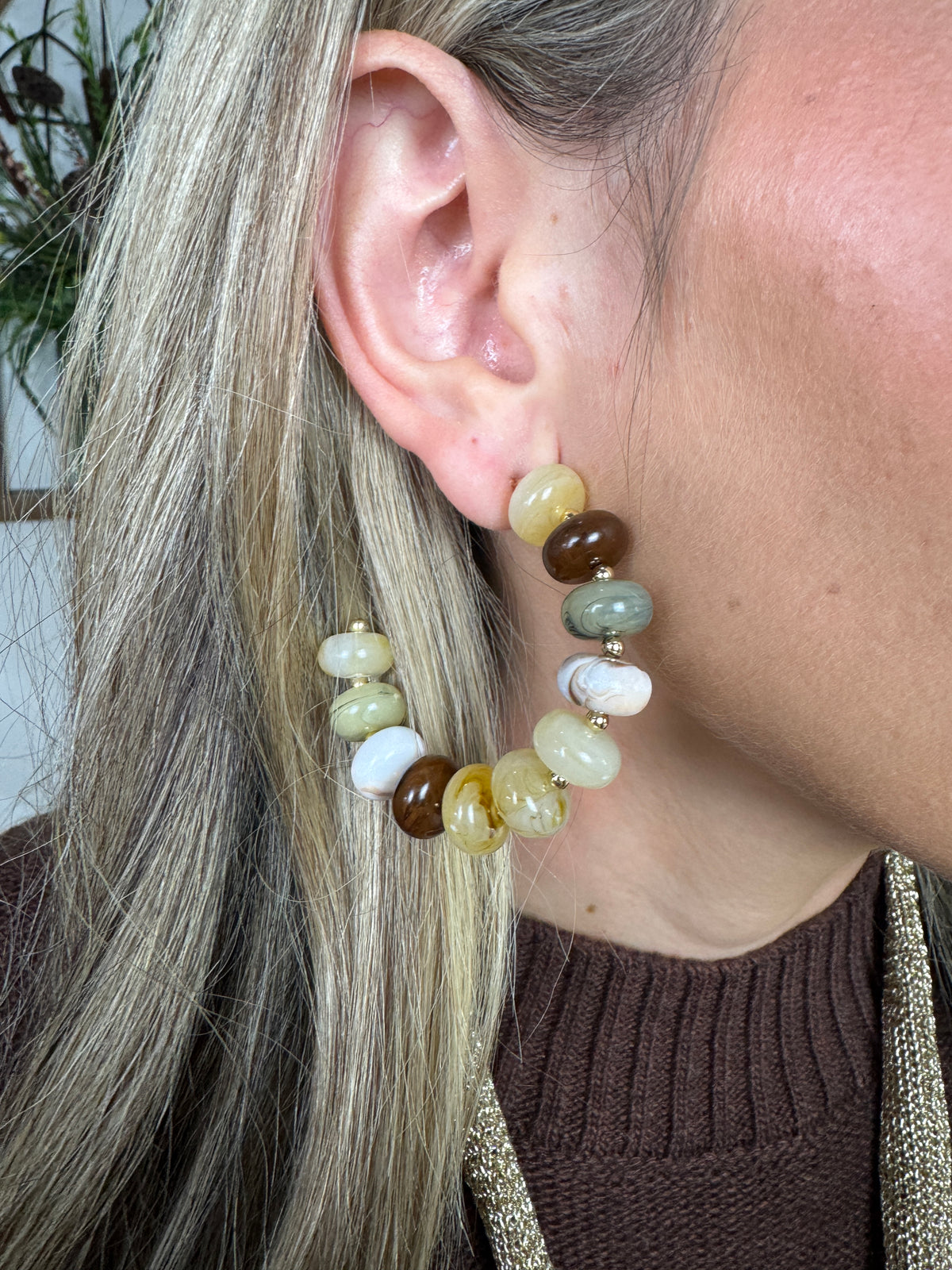 Marble Rondelle Beaded Hoop Earrings - Beige