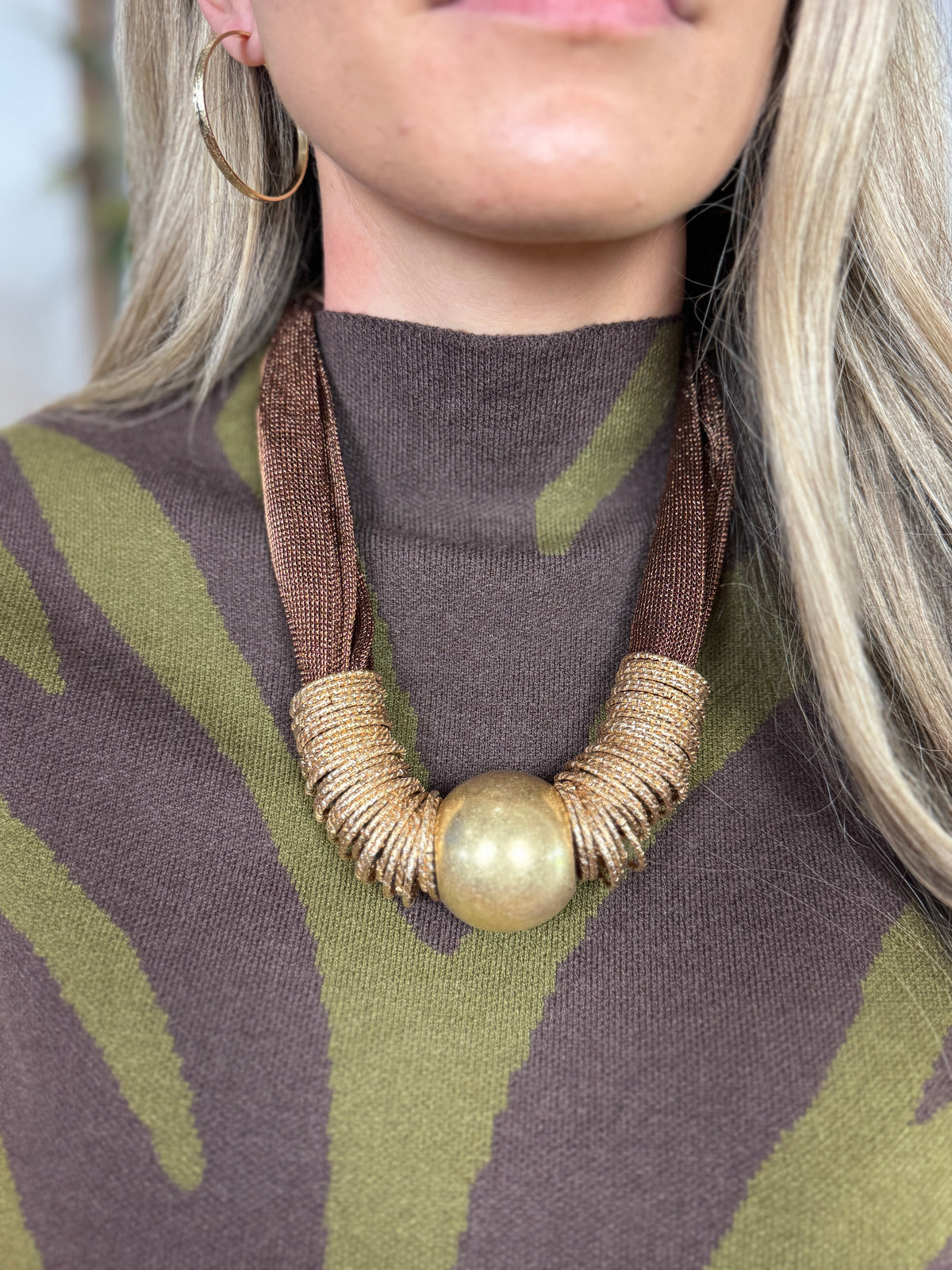 Mesh & Metal Ball Necklace - Brown & Gold