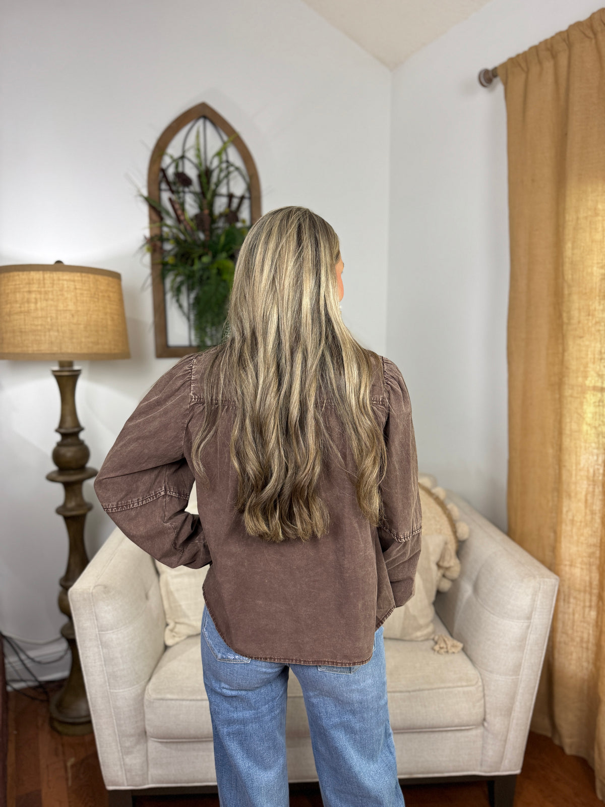 Washed Tencil Pin Tuck Button Up Top - Brown
