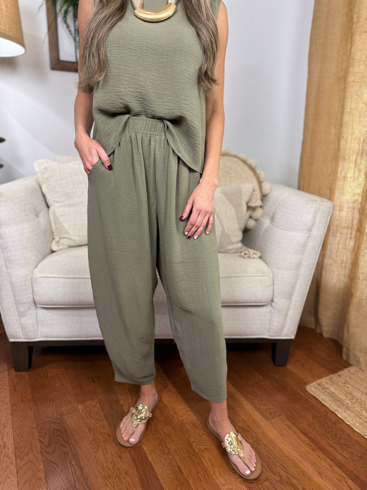 Textured Woven top & Relaxed Pants Set - Basil