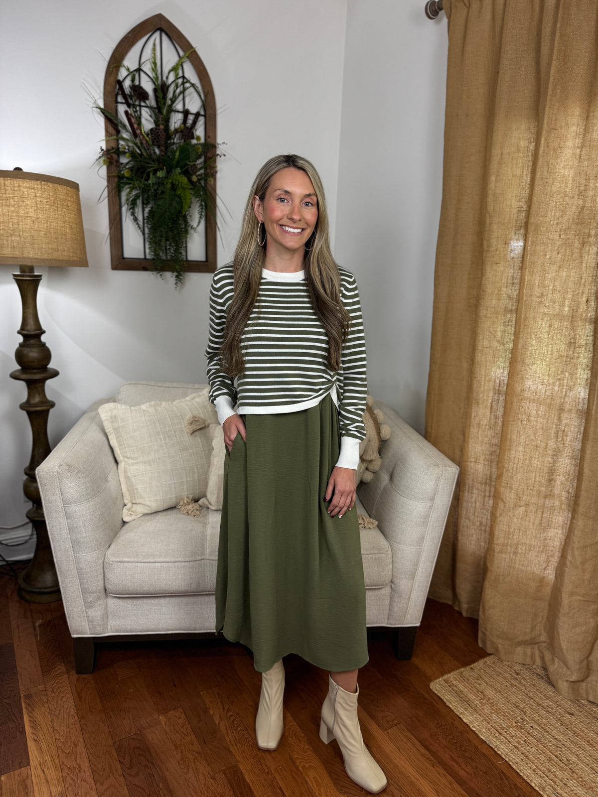 Striped Long Sleeve Knit Top Matching Midi Dress Set - Olive