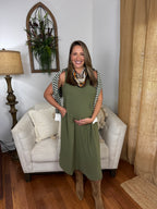 Striped Long Sleeve Knit Top Matching Midi Dress Set - Olive