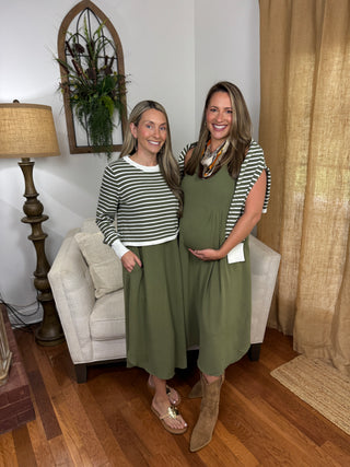 Striped Long Sleeve Knit Top Matching Midi Dress Set - Olive