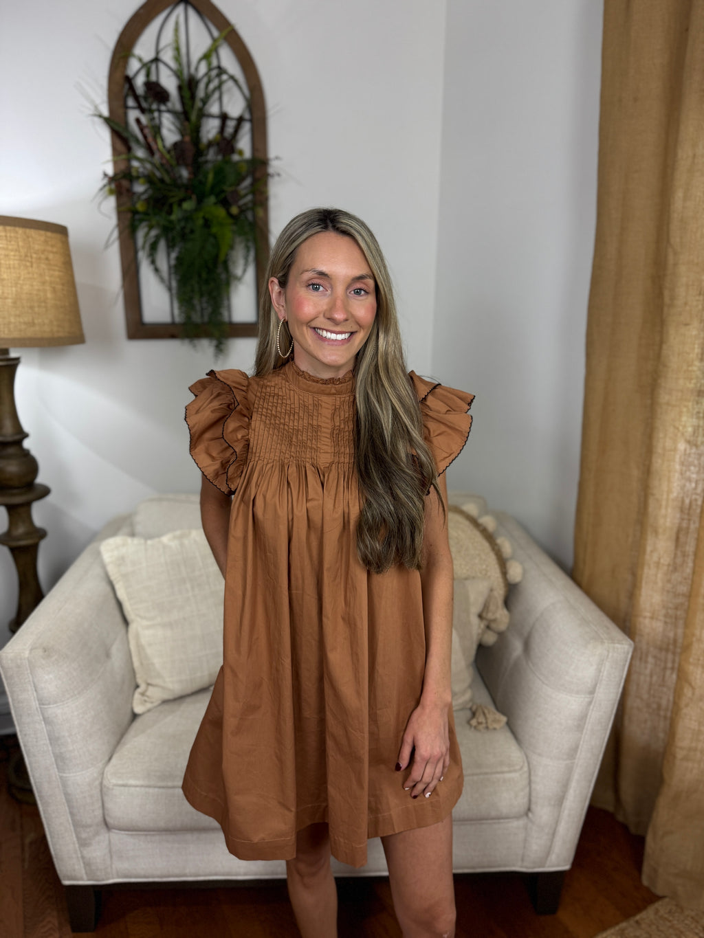 Back Button Down High Neck Mini Dress - Mocha