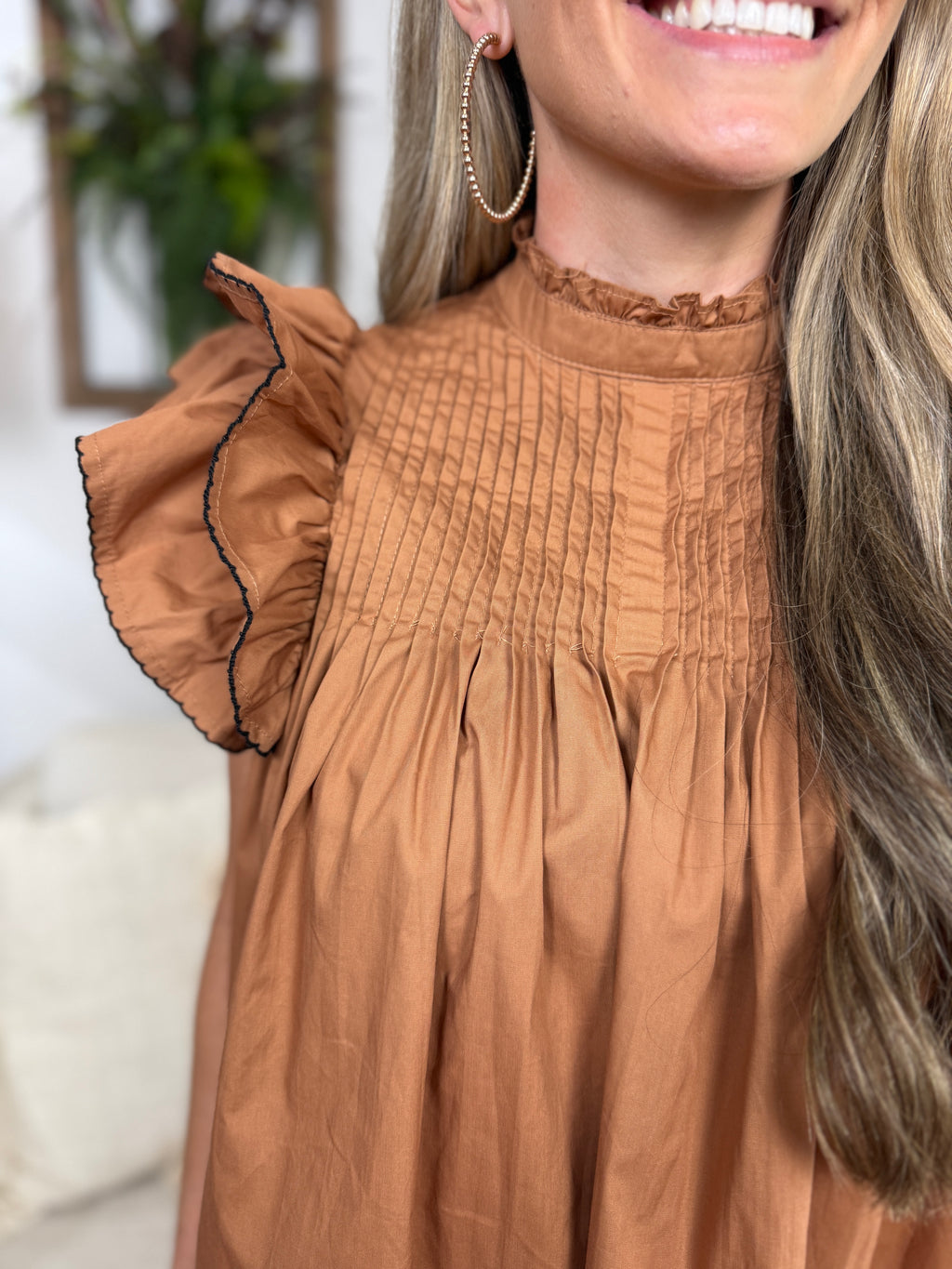 Back Button Down High Neck Mini Dress - Mocha