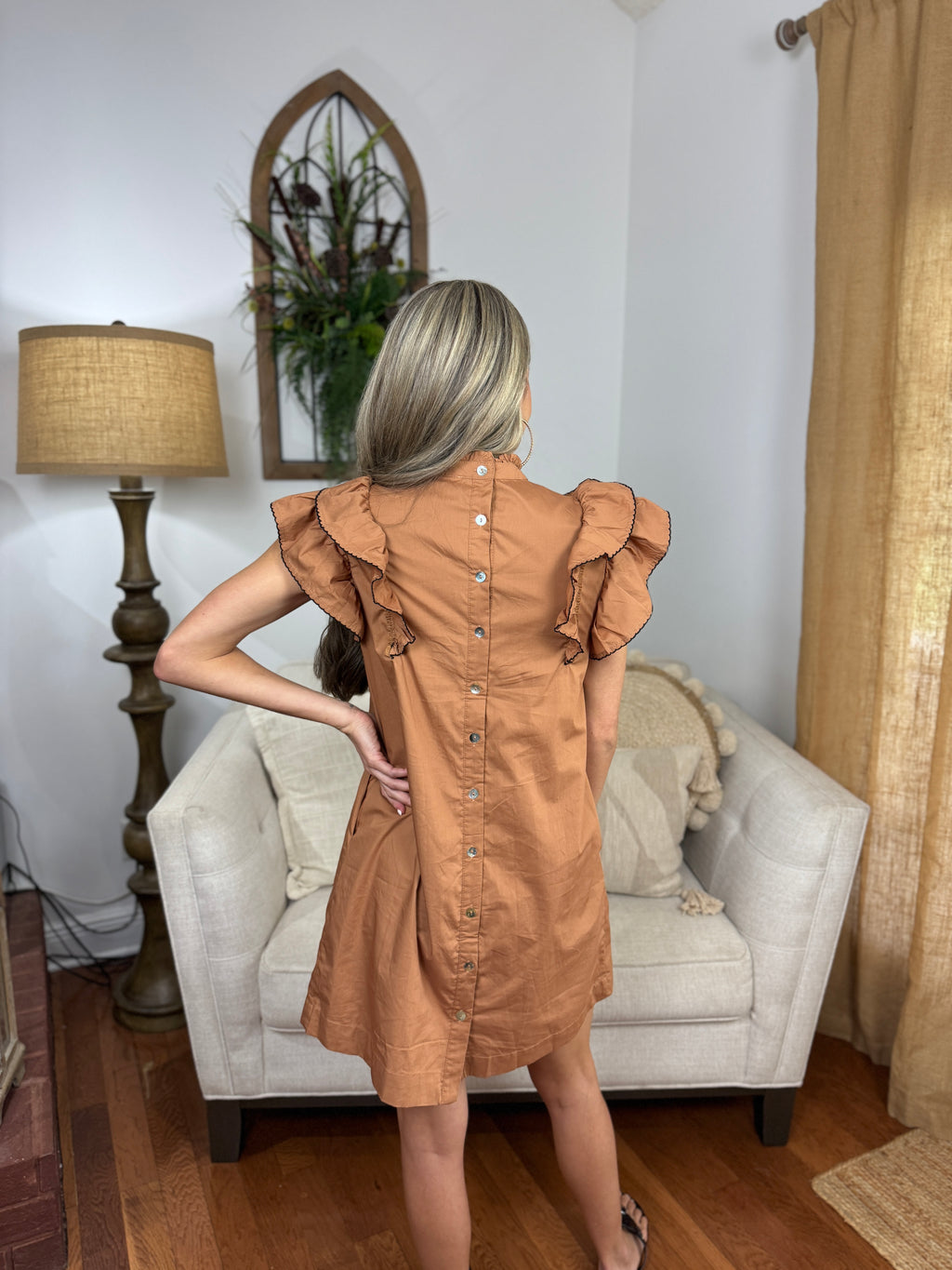 Back Button Down High Neck Mini Dress - Mocha