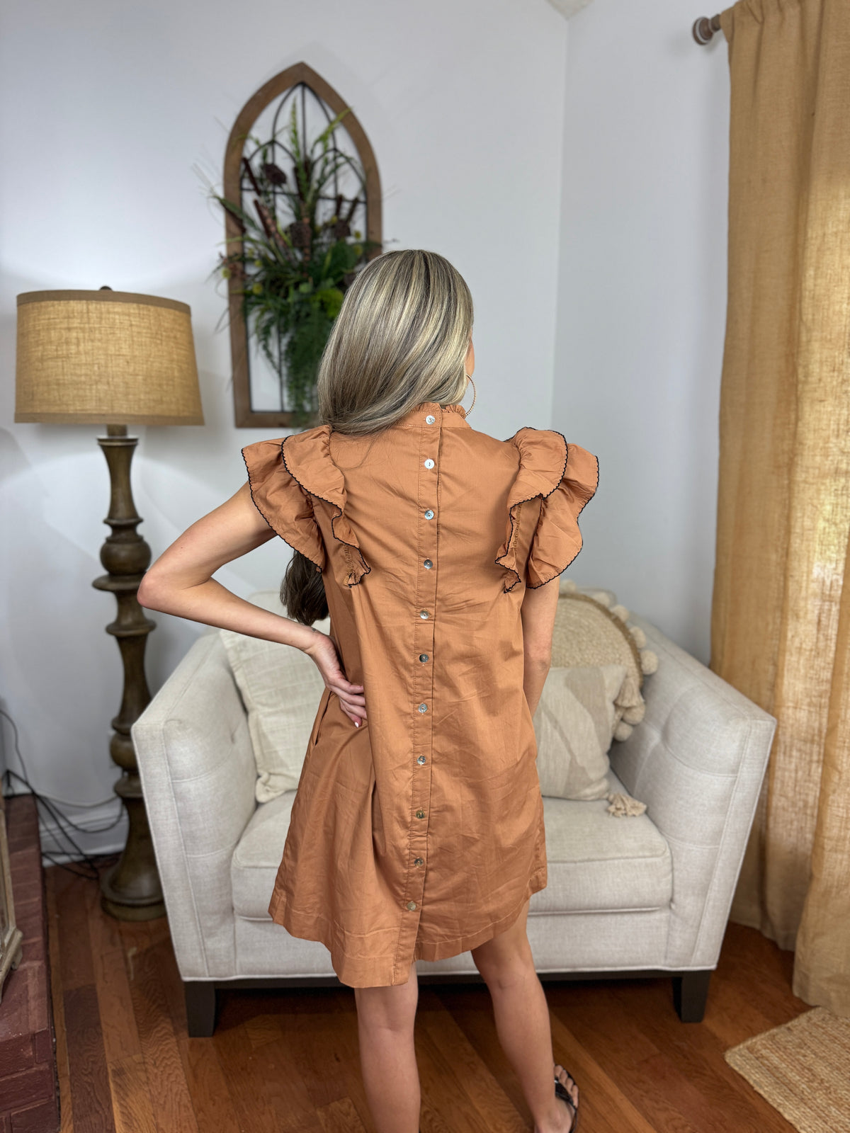 Back Button Down High Neck Mini Dress - Mocha