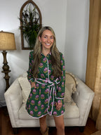 Scallop Trim Detail Printed Shirt Mini Dress - Green