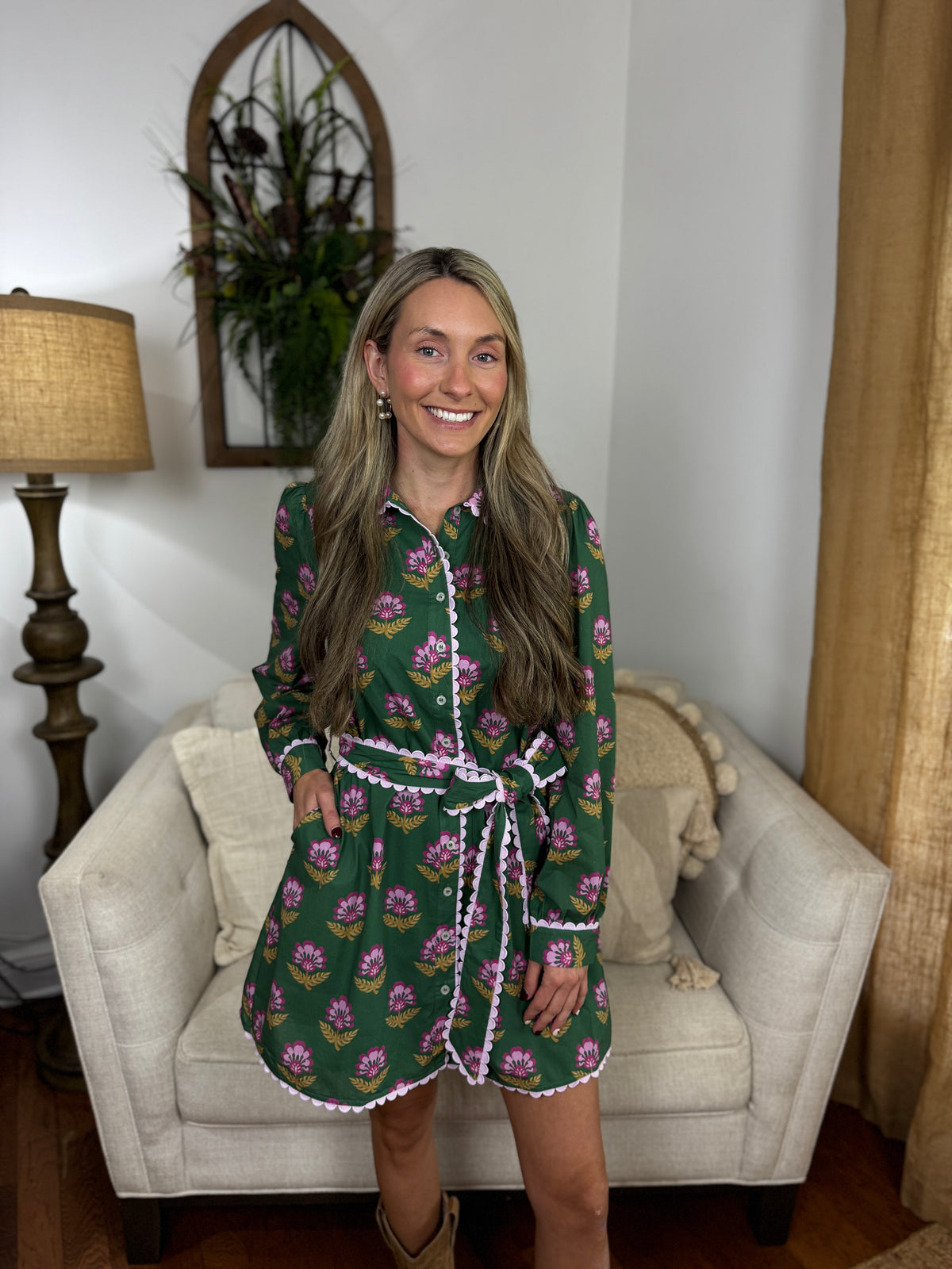 Scallop Trim Detail Printed Shirt Mini Dress - Green