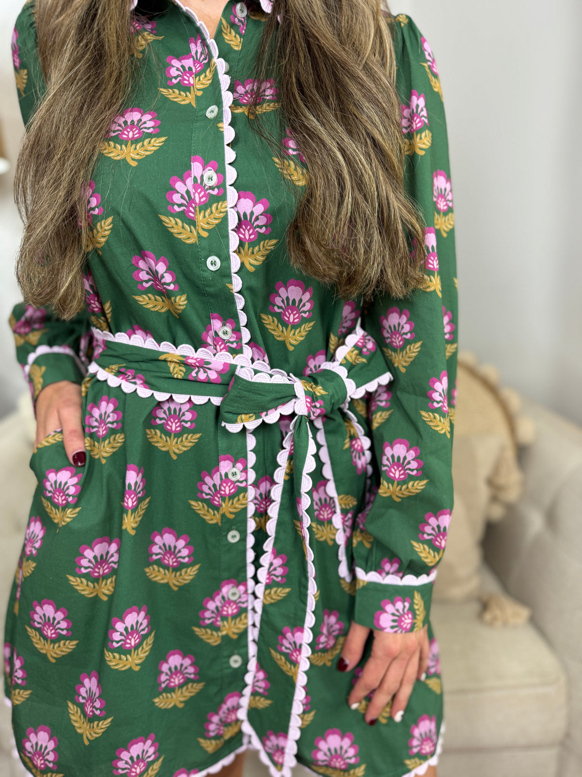 Scallop Trim Detail Printed Shirt Mini Dress - Green