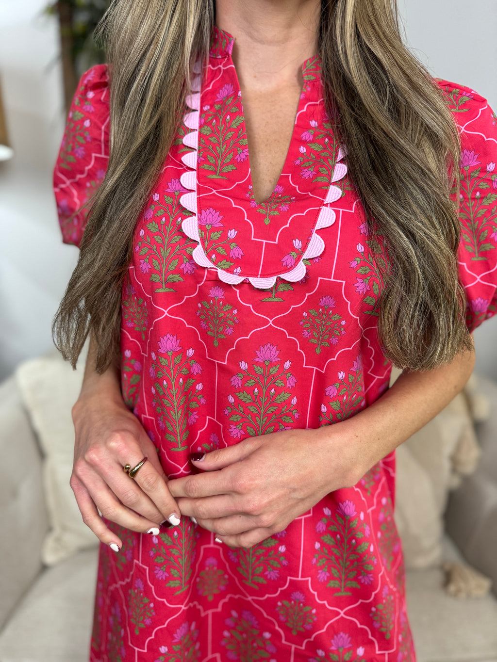 Scallop Trim Detail Floral Mini Dress - Berry