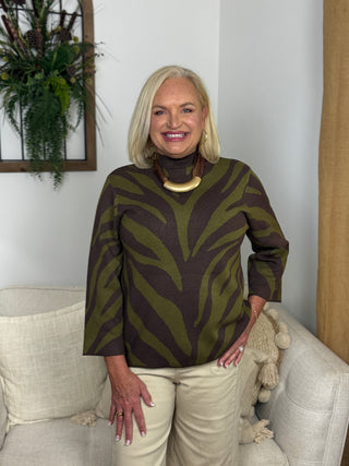 Olive Zebra Mock Neck Sweater