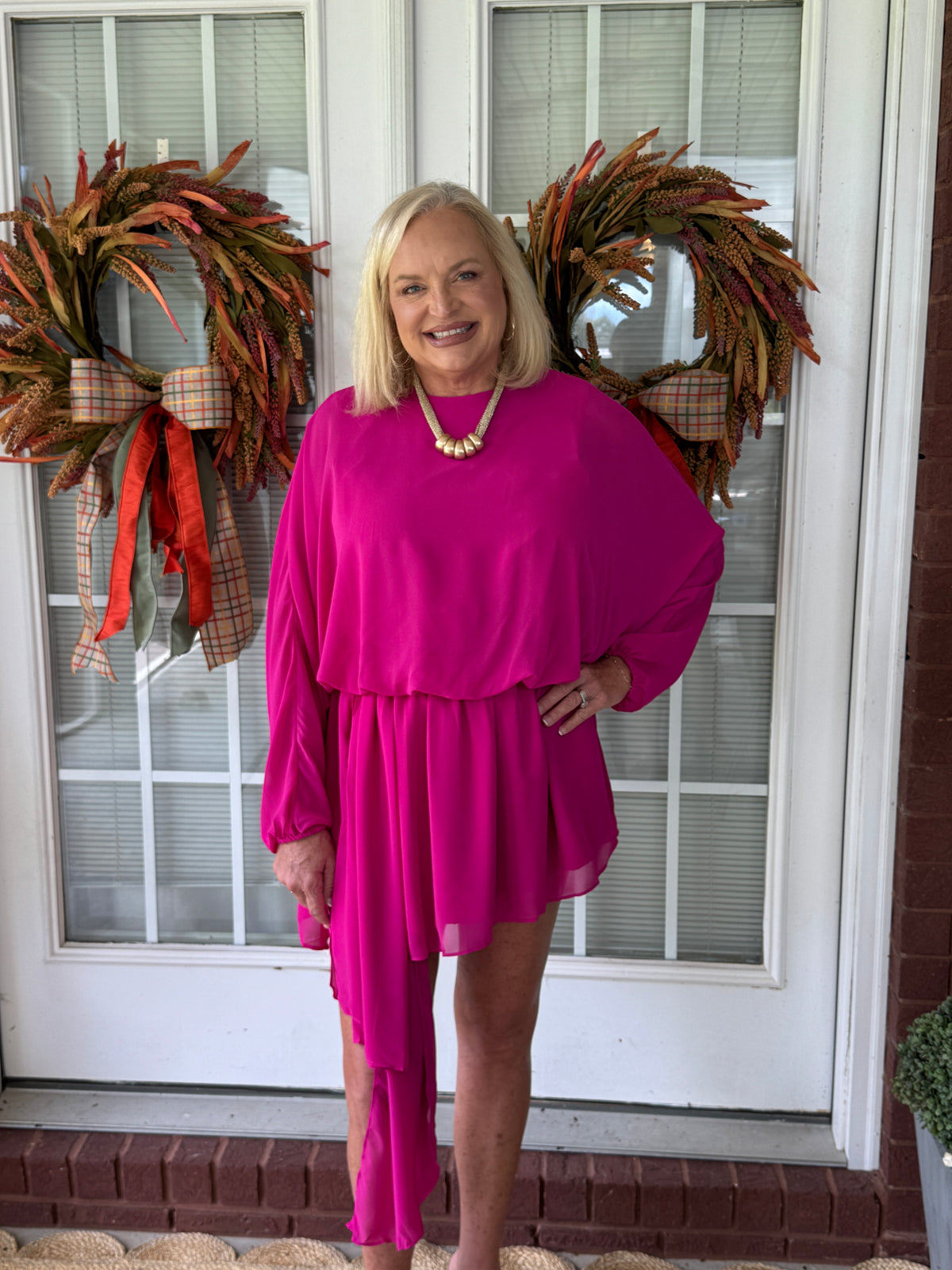 Draped Asymmetric Chiffon Mini Dress - Magenta