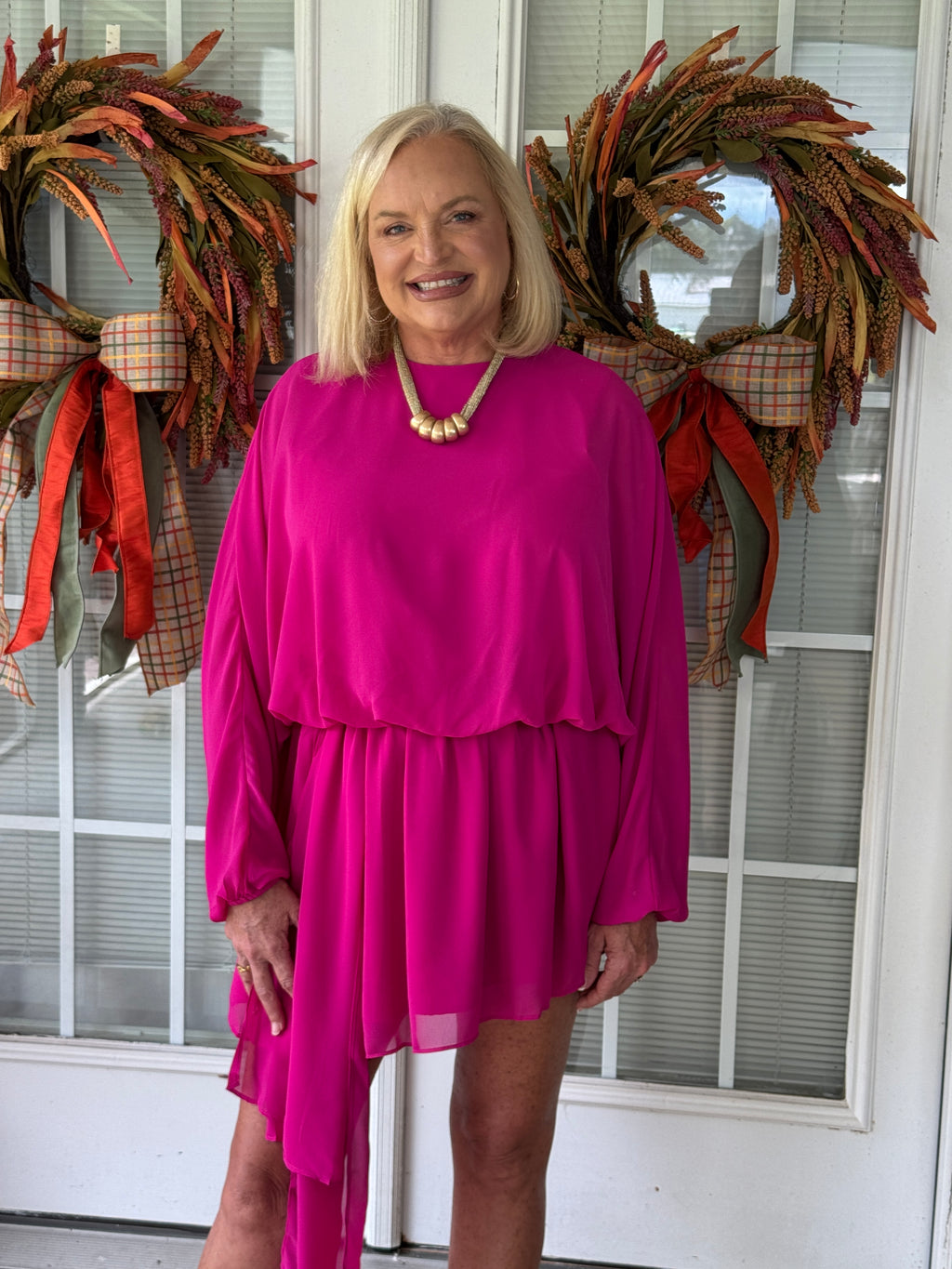 Draped Asymmetric Chiffon Mini Dress - Magenta