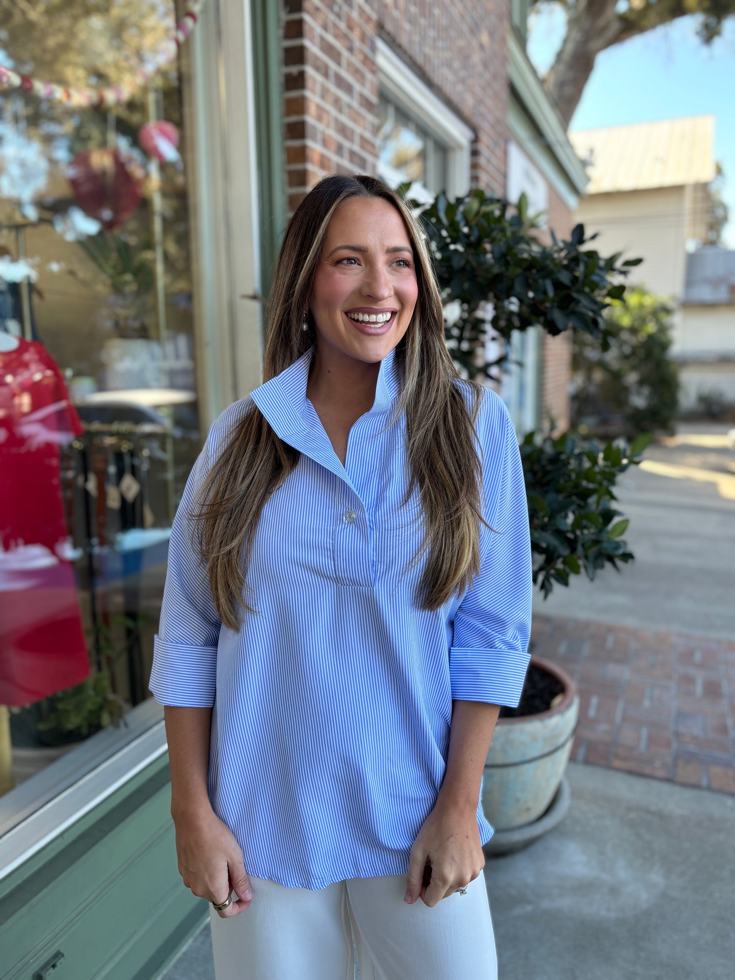 blue and white stripe top with glass button design 