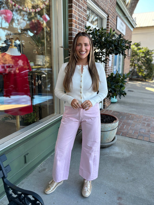 Ribbed Crewneck Cardigan - Off White