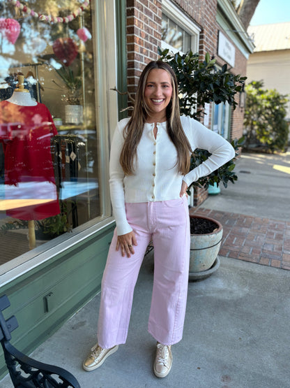 Ribbed Crewneck Cardigan - Off White