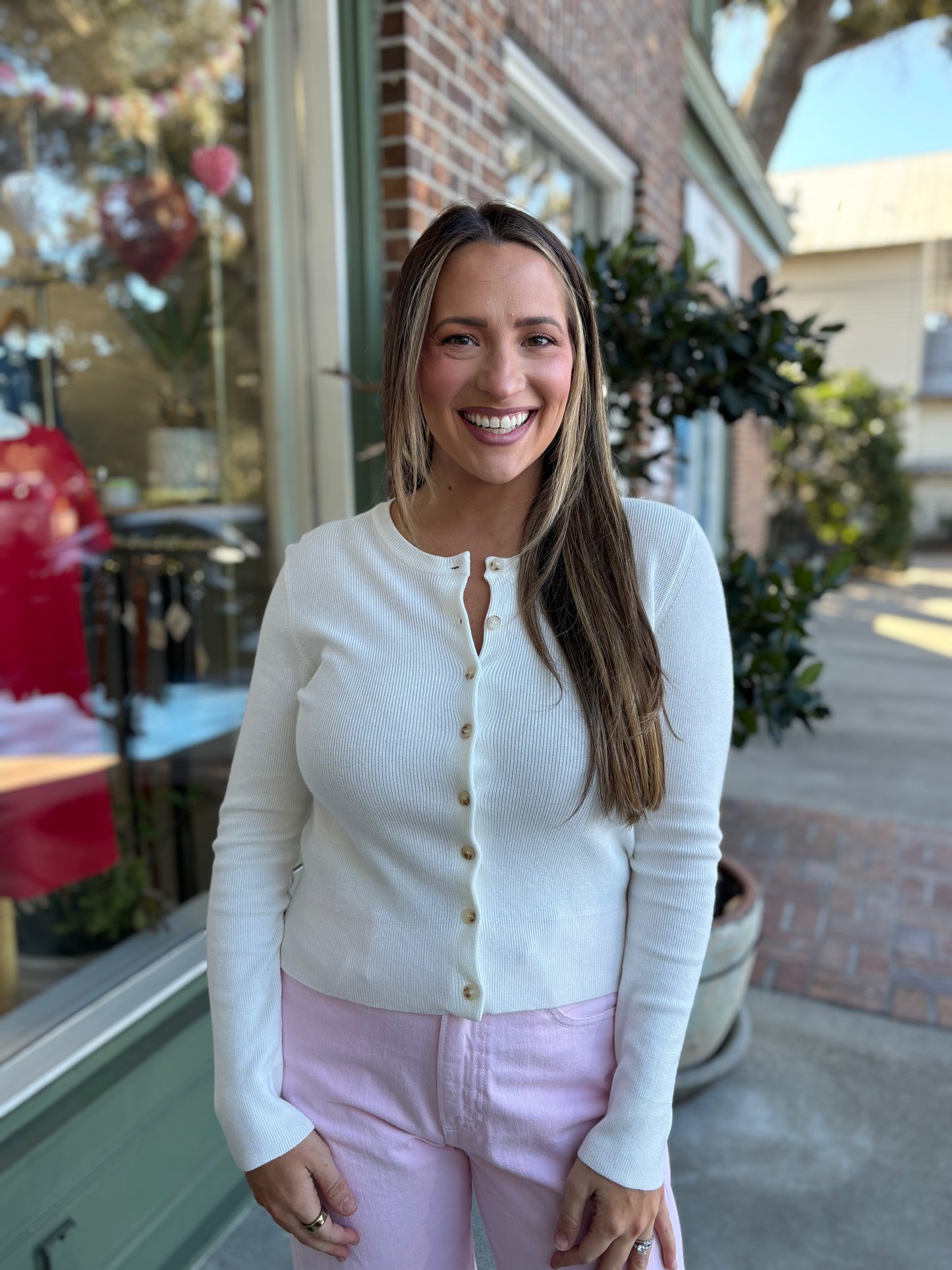 Ribbed Crewneck Cardigan - Off White