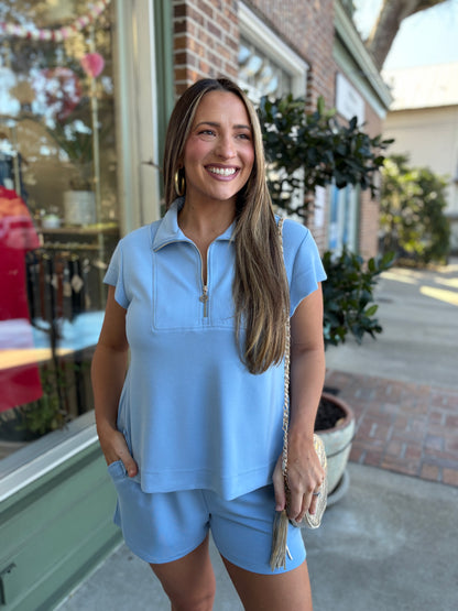 mary square cloud silk top in blue with zipper detail and matching shorts 