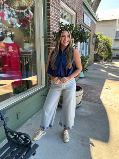 Bubble Hem Collared Tank - Navy