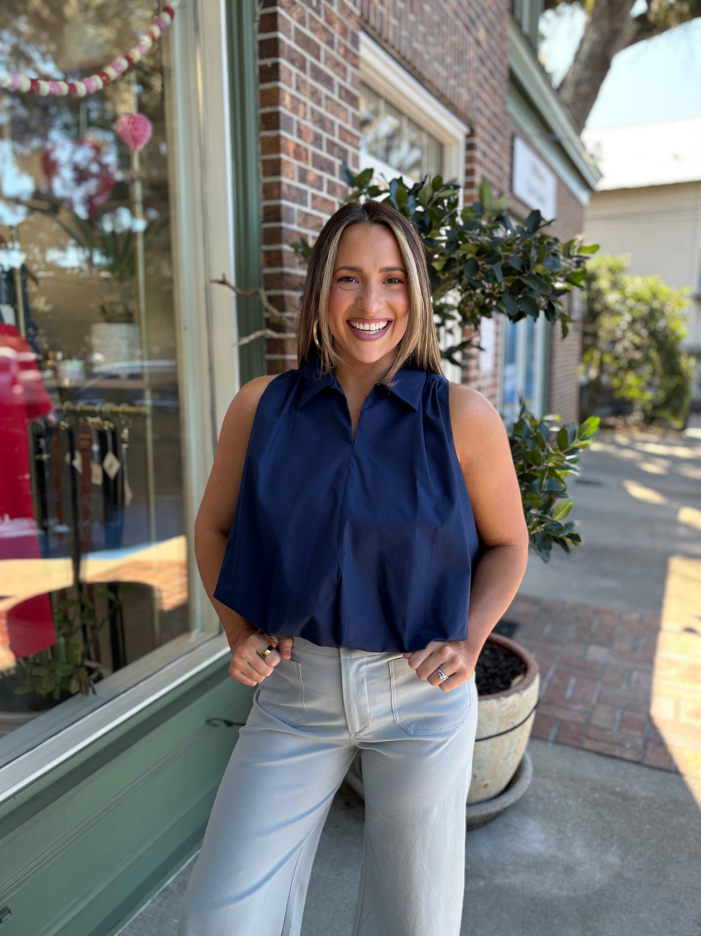 bubble hem navy top with collar